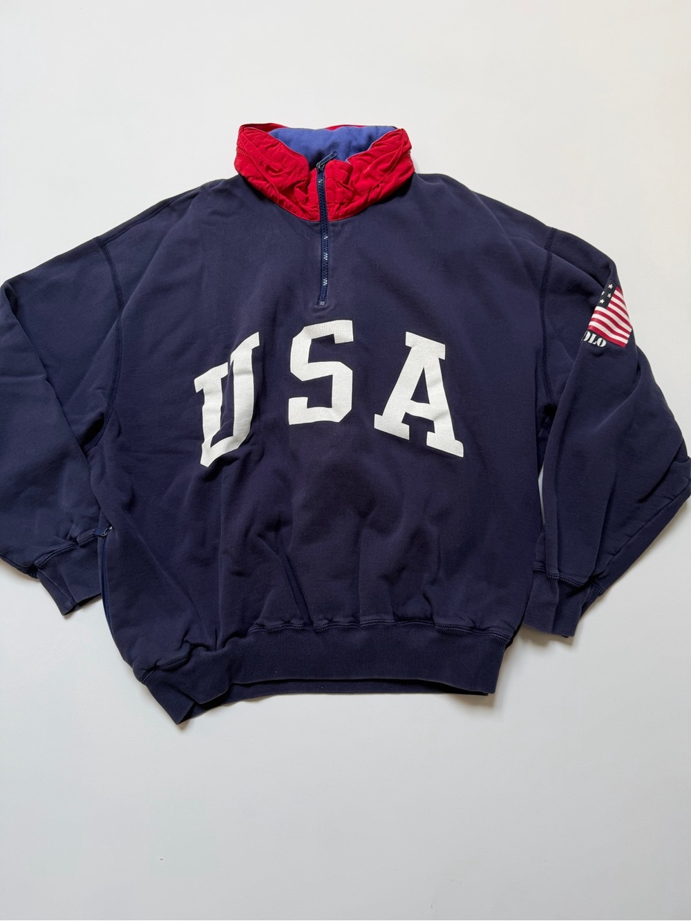 Vtg Polo Ralph Lauren Jacket Mens M Blue USA Pullover Hidden Hood Superman 90s